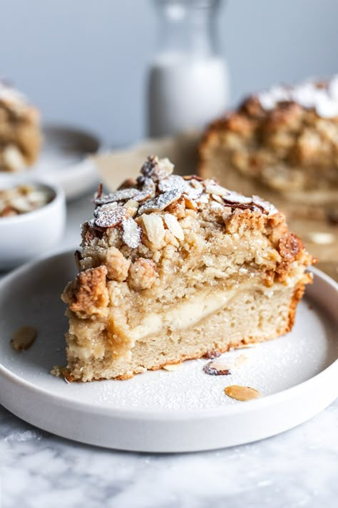 This deliciously "buttery" almond coffee cake is inspired by the classic almond croissant- with rich frangipane and "cream cheese" filling rippled throughout and a crunchy nutty almond vanilla streusel on top! Oh, and you'll never believe it's vegan and dairy free! Coffee Cake With Cream Cheese, Dairy Free Sour Cream, Cake With Cream Cheese Filling, Vegan Buttermilk, Banana Diaries, Croissant Coffee, Classic Coffee Cake, Almond Crumble, Almond Coffee Cake