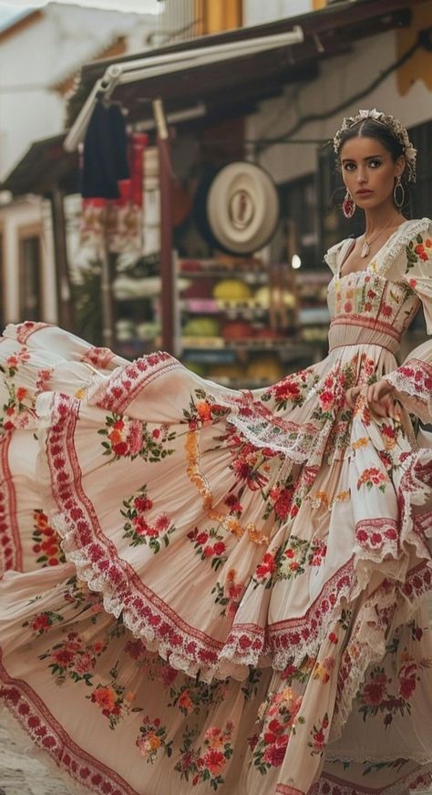 Spanish Senorita Outfit, Jalisco Dress Pattern, Mexican Traditional Dress Culture, Mexican Dress Aesthetic, Black Folklorico Dress, Spanish Dresses Traditional, Traditional Mexican Wedding Dress Mexico, Mexican Folk Dress, Mexico Fashion Street