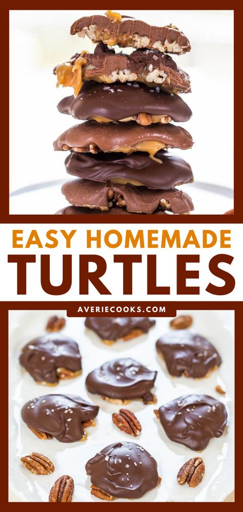 Homemade Chocolate Turtles (with Pecans & Caramel!) - Averie Cooks Pecan Turtles Recipe, Homemade Turtles, Turtle Recipe, Recipes By Ingredients, Chocolate Turtle, Averie Cooks, Chocolate Turtles, Christmas Baking Recipes, Candy Recipes Homemade