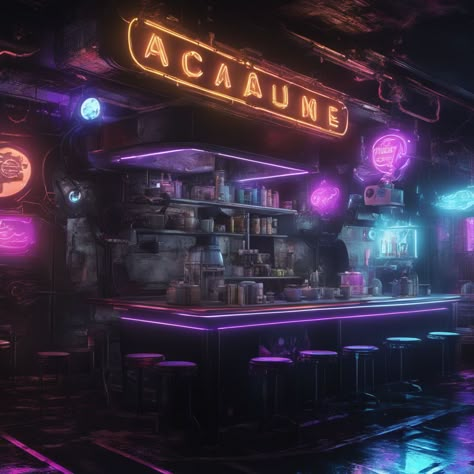 Bartender Background, Cyberpunk Restaurant, Cyberpunk Nightclub, Sci Fi Bar, Cyberpunk Club, Cyberpunk Cafe, Cyberpunk Bar, Madison + Core + Aesthetic, Cyberpunk Dnd