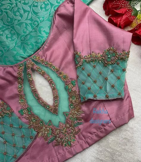 2 Color Blouse Design, Aari Work Blouse Netted, Patu Saree Blouse Designs Latest Designs, Aari Work Blouse Patterns, Net Blouse Designs Maggam Work, Aari Work Boat Neck Designs, Aari Blouse Net Design, Hand Net Aari Work Blouse, Pattu Blouse Aari Work Design