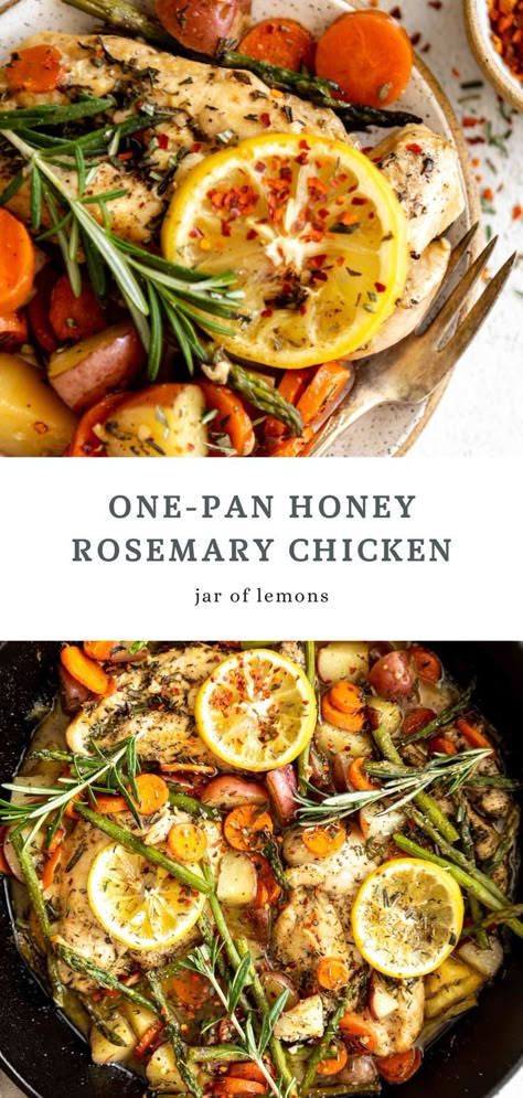 Two images of honey rosemary chicken. Maple Sheet Pan Chicken, Paleo Chicken Dinner Ideas, Very Easy Healthy Dinners, Chicken Recipes With Brussel Sprouts, Healthy Juicy Chicken Recipes, Whole Food Recipes Chicken, Dinner With Chicken Healthy, Whole 30 Recipes High Protein, Balanced Dinner Meals