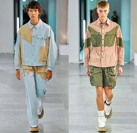 Mark Fast 2024 Spring Summer Mens Runway Collection - London Fashion Week LFW - Denim Jeans Paint Stained Pocket Hem Shirt Chaps Utility Vest Pockets Patchwork Jacket Workwear Stripes Shorts Knit Mesh Tank Top Sleeveless Crop Top Midriff Weave Cargo Pants Baggy Loose Wide Leg Fringes Pleats Culottes Boots Culottes Boots, Melbourne Summer, 2024 Spring Summer Fashion, Summer Fashion Collection, Cargo Pants Baggy, Fw 2022, Mens Runway, Utility Vest, Mesh Tank Top