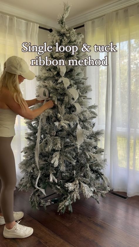 Dani | Christmas | Holiday Decor | How to ribbon your tree using the single loop & tuck method! I hope you find this helpful❤️ Save and Share with someone who would love to... | Instagram How To Place Ribbon On Xmas Tree, Christmas Tree Lace Ribbon, Diy Christmas Tree Decorations Ribbon, Waterfall Ribbon On Christmas Tree, Apply Ribbon To Christmas Tree, Ribbon Down Christmas Tree, Christmas Tree With Just Ribbon, Step By Step Tree Decorating, Ribbon And Ornaments On Tree