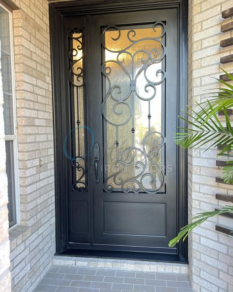 single iron door with decorative glass and sidelight Front Doors With Side Lights, Door With One Sidelight, Front Door With Sidelight, Exterior Door Installation, Door With Sidelight, Single Iron Door, Iron Front Doors, Front Doors With Glass, Installing Exterior Door