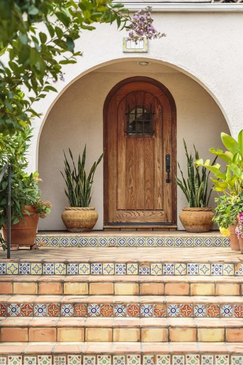 Front Door Styles, Spanish Hacienda, Spanish Colonial Revival, Farmhouse Front Door, Spanish Mediterranean, Colonial Style Homes, Spanish Home, Wooden Front Doors, Spanish Style Home