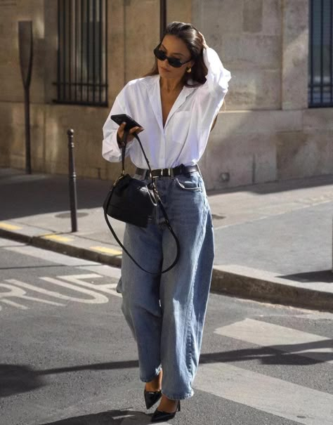 How To Wear Baggy Jeans & Not Look Frumpy in 2024 Fashion 60s, White Shirt Outfits, Outfit Chic, Outfit Jeans, Looks Street Style, Outfit Trends, Casual Work Outfits, Mode Inspo, Looks Chic