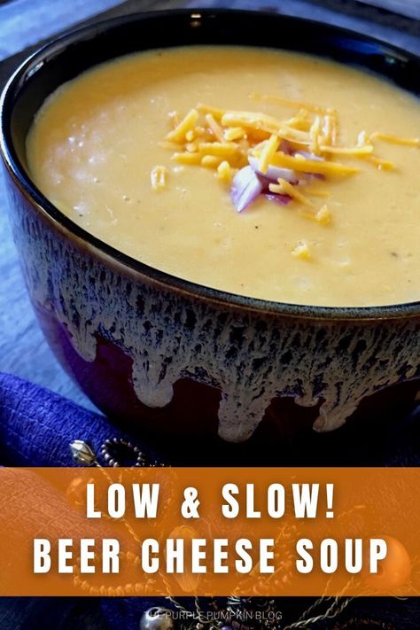 If you love beer and you love cheese, then you are going to love this recipe for Easy Beer Cheese Soup! It's made in one pot and cooking it low and slow is what will give you a delicious, creamy, and satisfying soup that is perfect for blustery fall days! #SoupRecipes #ThePurplePumpkinBlog #Recipes Cheese Beer Soup, Cheddar Beer Soup, Easy Beer Cheese Soup, Beer Cheddar Soup, Beer Cheese Soup Recipes, Beer Soup, Beer Cheese Soup, Cheddar Cheese Recipes, Cheese Soup Recipe