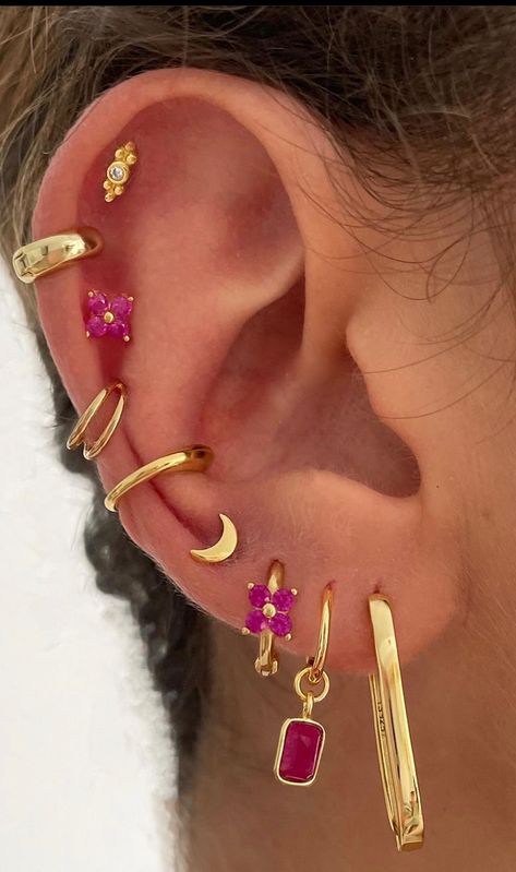 Piercings, pink earrings, gold earrings, hoop, earrings, dangling earring, stud earrings, ear cuff, helix piercing Gold Ear Stack Aesthetic, Gold Ear Piercings Aesthetic, Gold Earing, Ear Styling, Ear Peircings, Earrings Huggies, Piercings Ear, Cool Ear Piercings, Pretty Ear Piercings