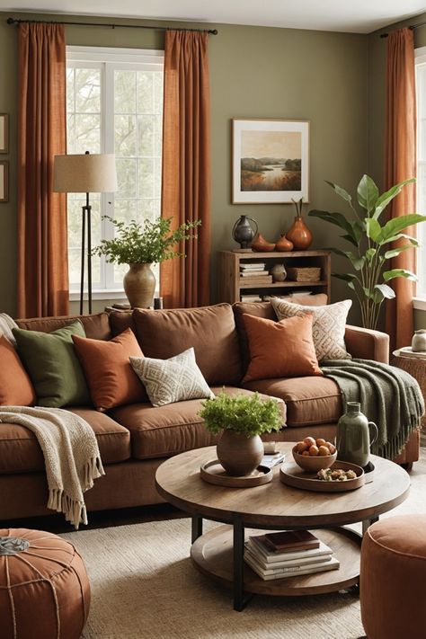 21 Brown Sofa Living Room Ideas – The Dear Lab Rust Color Decor Living Room, Rust Brown Sofa, Living Room Brown And Green Decor, Amber Sofa Living Room, Interior Design Brown Couch, Brown Couch Living Room Ideas Colorful, Orange Brown Couch, Copper Couch Living Room Ideas, Neutral With A Pop Of Color Living Rooms