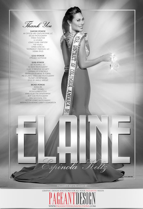 #‎AWESOMEpageantAD‬ designed for Elaine Keltz, MRS. DC AMERICA 2015 | GET IN TOUCH if you need an awesome-looking, professionally-designed ad page! | ‪#‎PageantDesign‬ Graphic design solutions for all your pageantry needs! | For samples, check out: http://www.pageantdesignsolutions.com/ and like us on facebook: https://www.facebook.com/pageantdesign | ALL STATES, ALL AGES, ALL PAGEANTS SYSTEMS WELCOME! ‪#‎PageantAds‬ ‪#‎AWESOMEpageantADS‬ Pageant Ad Page, Cheer Hair, Design Solutions, Queen, Graphic Design, Hair, Design