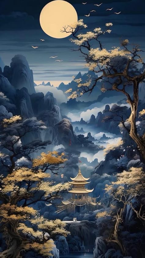 Chinese Background, Chinese Wallpaper, Glitter Wall Art, Iphone Dynamic Wallpaper, Chinese Landscape Painting, Cool Pictures For Wallpaper, Asian Painting, Chinese Landscape, Fantasy Paintings