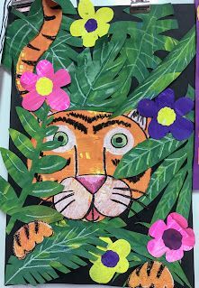 Elements of the Art Room: 3rd Grade Painted Paper Henri Rousseau and Cassie Stephens inspired Tiger Collage Henri Rousseau Tiger, Grade 3 Art Lessons, Kindergarten Art Projects Easy, Grade 3 Art Projects, Cassie Stephens Art Lessons, Cultural Art Lessons, Matisse Art Project, Tiger Collage, Art 2nd Grade