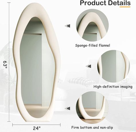 METICULOUS WORKMANSHIP: The frame of the full length mirror is made of wooden material. The frame is wrapped in sponge-filled flannel, making the entire mirror looks very upscale. MULTIFUNCTIONAL: 63"x24", is large enough to offer you a perfect view from any angle. The mirror can hang or lean against the wall for cloakroom, bedroom, living room, corridor, clothing shop, etc. Leaning Against Wall, Wavy Mirror, Perfect View, Full Body Mirror, Mirror Hanging, Body Mirror, Living Room Corridor, Room White, Curve Design