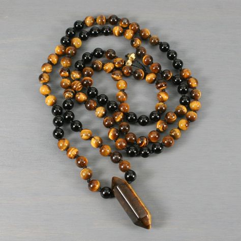 Tiger eye and black onyx hand knotted mala with a hexagonal tiger eye crystal point Knotted Mala, Onyx Crystal, Meditation Beads, Tiger Eye Crystal, Mala Necklace, Crystal Points, Eye Black, Tiger Eye, Black Onyx