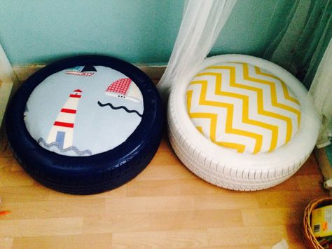 DIY- Kids -Seating Preschool Inspirations, Alternative Seating Classroom, Affordable Seating, Tire Seats, Tire Chairs, Flexible Seating Classroom, Reuse Old Tires, Diy Outdoor Seating, Alternative Seating