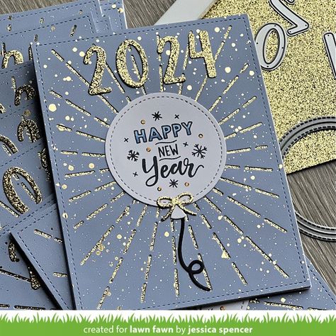 A Glittery Happy New Year with Jessica - Lawn Fawn Cards Handmade New Year, New Year’s Eve Cards Diy, Happy New Year Handmade Cards, Greeting Card For New Year, Happy New Year Card Ideas Handmade, Diy Happy New Year Cards, New Year Card Ideas Handmade, New Year Card Design Handmade, Happy New Year Card Diy