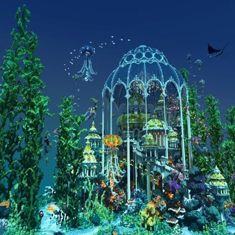 Minecraft Outdoor Aquarium, Sky City Minecraft, Ocean Empire Minecraft, Minecraft Alice In Wonderland Ideas, Minecraft Underwater Dome, Minecraft Underwater Decoration, Underwater Castle Minecraft, Minecraft Megabase Inspiration, Mermaid Castle Minecraft