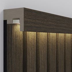 Slat Wall Led Lighting, Wood Slat Wall Lighting, Wooden Wall Panels Interior Design, Wood Slat Lighting, Slat Wall Foyer, Wood Slat Wall Design, Led Wooden Panel, Led Slat Wall, Light Panels Wall