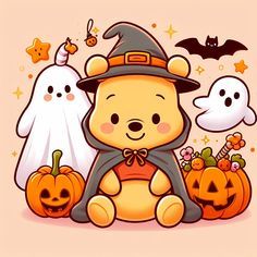 Clip Art Thanksgiving, Halloween Pooh Bear, Fall Cartoon Characters, Halloween Vintage Cartoon, Animals In Halloween Costumes Drawing, Cute Happy Halloween Pictures, Halloween Images Cute, Spooky Cute Art, Cute Halloween Cartoons