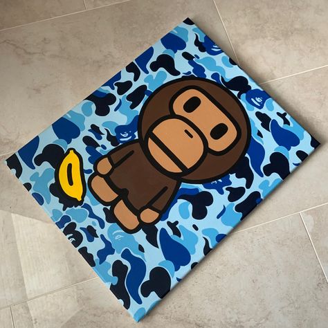 Bape Art Canvas, Bape Drawings Easy, Hypebeast Painting Ideas, Bape Paintings Canvas Easy, Easy Hypebeast Painting, Hype Beast Painting, Streetwear Painting Canvas, Kaws Bape Painting, Bape Star Painting