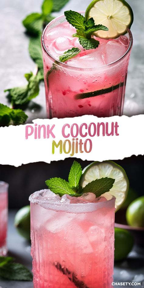 Strawberry Coconut Mojito, Pink And Green Cocktail, Easy Pink Mocktails Non Alcoholic, Pink Coconut Mojito, Coconut Mojito Mocktail, Mojito Flight, Pitcher Mock Tails, Easy Beach Drinks, Flavored Mojitos