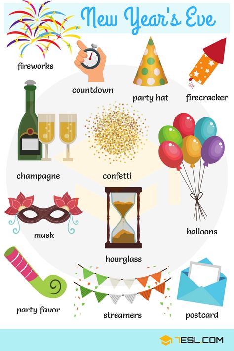 3.2Kshares Learn useful New Year’s Eve Vocabulary through pictures. New Year’s Eve, the last day of the year, is on … Ingles Kids, New Year Words, New Years Eve Fireworks, English Teaching Materials, Flashcards For Kids, English Vocab, English Language Teaching, English Idioms, Grammar And Vocabulary