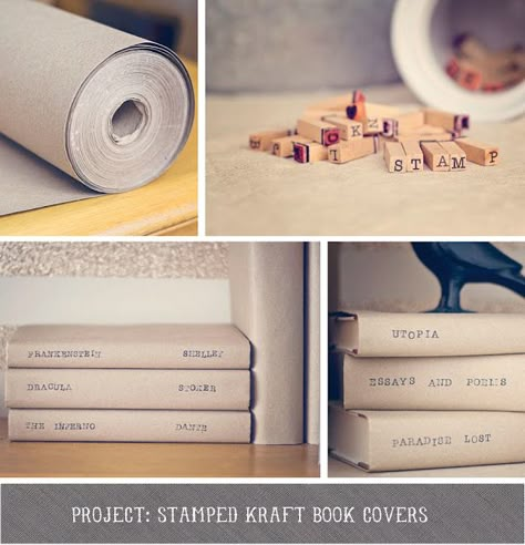 stamped kraft paper book covers Styling Books, Shelf Inspiration, Paper Book Covers, Ra Bulletin Boards, Book Stamp, Stamp Projects, Diy Stamp, Paper Book, Diy Journal