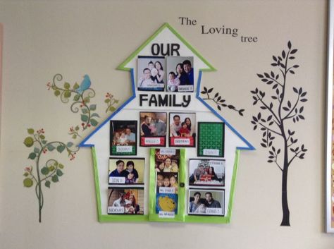 My family picture board Family Display Preschool, Family Wall In Preschool, My Family Collage Preschool, Family Frame Craft Preschool, Family Banner School Project, Family Wall Decor Classroom, Pre K Family Tree Ideas, Family Classroom Board, Family Board Ideas Classroom Preschool