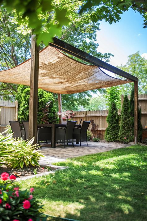 Shade Sails Backyard, Shade Sails For Deck, Shade Pergola Ideas, Backyard With Sunsail, Shade Ideas For Garden, Small Backyard Shade Ideas, Backyard Sail Shade Ideas, Backyard Sun Shade Ideas, Shade Sail Ideas Backyards