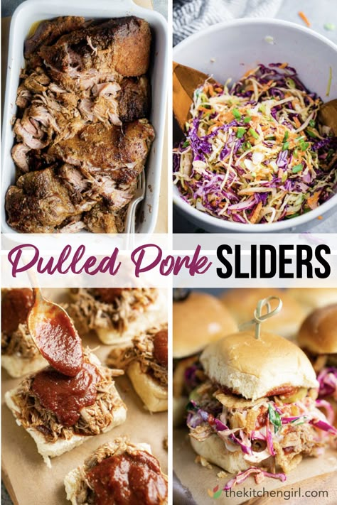 image collage of pulled pork sliders with center title text Bbq Slider Bar, Pulled Pork Sliders Recipes, Shredded Pork Sliders, Pulled Pork Sliders With Slaw, Toppings For Pulled Pork Sandwiches, Pulled Pork Toppings, Pulled Pork Sliders For A Crowd, Pulled Pork Bar Party, Pulled Pork Without Bbq Sauce