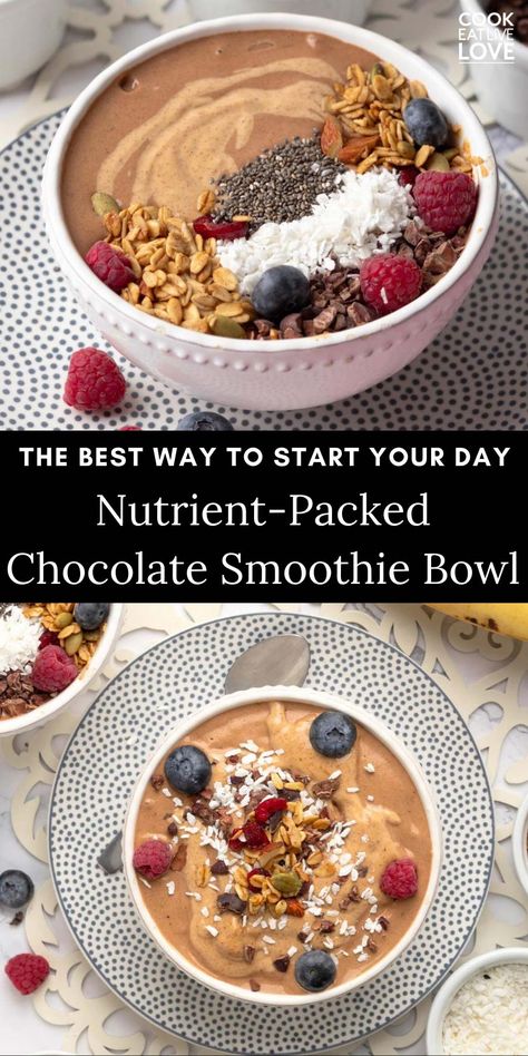 Start your day with this deliciously creamy and wholesome Chocolate Smoothie Bowl! It’s a healthy breakfast idea packed with nutrients, thanks to creamy frozen bananas, cacao, and almond butter. Ready in just 10 minutes, this plant-based smoothie bowl is perfect for a quick, nourishing breakfast that tastes like a chocolatey treat. Top with your favorite fruits, nuts, and seeds for extra texture and flavor. #breakfastbowl #healthybreakfast Nourish Breakfast Bowl, Paleo Smoothie Bowl, Chocolate Protein Smoothie Bowl, Plant Based Bowls Healthy, Chocolate Acai Bowl, Healthy Breakfast Smoothie Bowls, Frozen Fruit Smoothie Bowl, Smoothie Bowl Kids, Low Calorie Smoothie Bowl