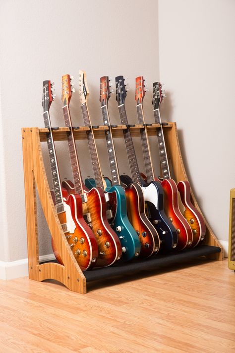 Wooden Guitar Stand, Music Room Design, Rock Room, Guitar Storage, Guitar Display, Home Music Rooms, Guitar Rack, Wooden Guitar, Guitar Room