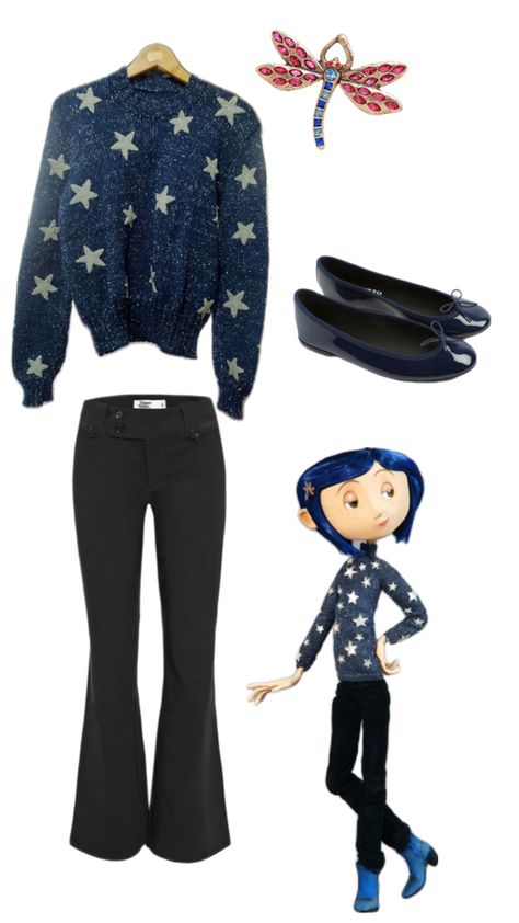 Navy star sweater. Coraline Inspired Outift. Halloween Inspo Cat From Coraline Costume, Coraline Outfit Inspiration, Coraline Outfit Ideas, Diy Coraline Costume, Coraline Clothes, Coraline Inspired Outfit, Caroline Outfit, Coraline Style, Coraline Outfit