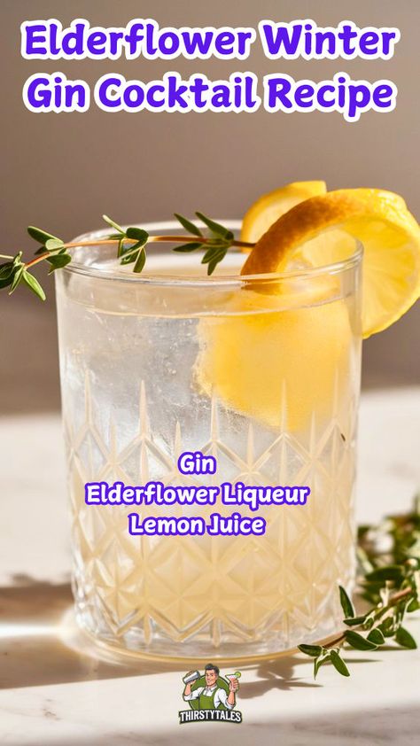 "Discover the perfect Elderflower Winter Gin Cocktail recipe to elevate your holiday gatherings! This refreshing Elderflower and Gin seasonal drink combines floral notes with zesty citrus for a delightful winter botanical experience. Enjoy a festive Elderflower Gin holiday cocktail that’s easy to make and perfect for celebrating. Try this Elderflower and Citrus Gin cocktail for a unique twist on your traditional winter drinks.!" Festive Gin Drinks, Gin And Elderflower Cocktail, Elderflower Gin Cocktail, Gin Holiday Cocktail, Gin Drinks Recipes, Gin Cocktails Easy, Winter Vodka Cocktails, Easy Winter Cocktails, Elderflower Recipes