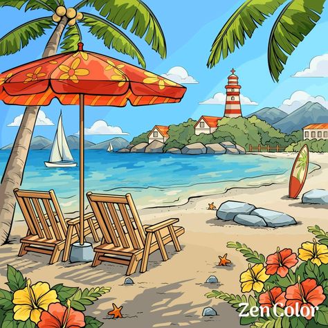 Seaside Drawing, Sunny Day Illustration, Objects Sketch, Project Cover Ideas, Beach Umbrella Art, Pencil Colour Art, Summer Sketches, 3d Butterfly Wall Art, Sand Drawing