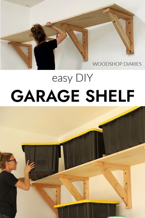 Easy DIY Garage Wall Shelves Building Shelves For Garage, Garage Wood Shelving, Easy Garage Shelves Diy, How To Build A Shelf Diy Storage, Shed Storage Shelves Easy Diy, Cheap Garage Shelving, 2x4 Shelves Diy Garage, Strong Shelves Diy, Garage Storage Shelves Diy Wall