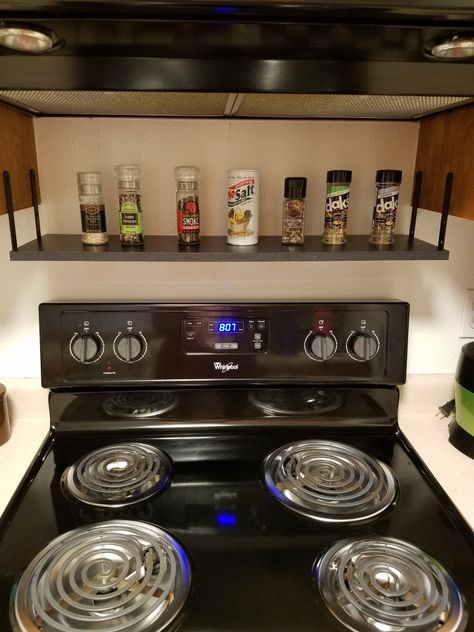 Over The Range Shelf, Shelf Over Oven Stove, Behind The Oven Shelf, Over Oven Shelf, Oven Shelf Ideas, Above Oven Decor, Apartment Crafts, Oven Shelf, Home Craft Ideas