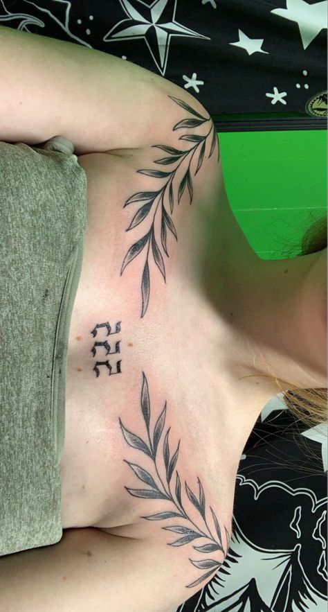 Chest Patchwork Tattoo Female, Collarbone Tattoos Symmetrical, Sternum Tree Tattoo, Symmetrical Tattoo Collar Bone, Big Collar Bone Tattoo, Chest Leaves Tattoo, Collarbone Leaves Tattoo, Simple Chest Tattoo Female Upper, Botanical Collar Bone Tattoo