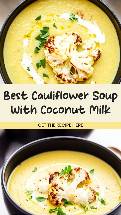 Indulge in the creamy and comforting flavors of cauliflower soup with coconut milk. This velvety soup is a perfect blend of wholesome ingredients, creating a satisfying and nutritious meal. The subtle sweetness of coconut milk perfectly complements the earthy taste of cauliflower, making this dish a delightful addition to your recipe collection. Whether you're looking for a cozy meal on a chilly evening or simply want to try something new, this cauliflower soup with coconut milk is sure to impre Cauliflower Coconut Milk, Cauliflower Soup With Coconut Milk, Coconut Cauliflower Soup, Soup Recipes Gut Health, Milk Based Soups, Cauliflower Soup Recipes Healthy, Coliflower Soup, Best Cauliflower Soup, Cauliflower Bisque