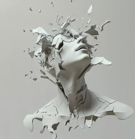 ↑↑↑ Larger size on website 🔸 The image is a close-up of a white, cracked sculpture of a woman's head and shoulders. The sculpture Cracked Head Drawing, Sculpture Illustration Drawings, Cracked Sculpture, Cracked Statue, Broken Face, Art Core, Stuff To Paint, Beautifully Broken, Head Statue