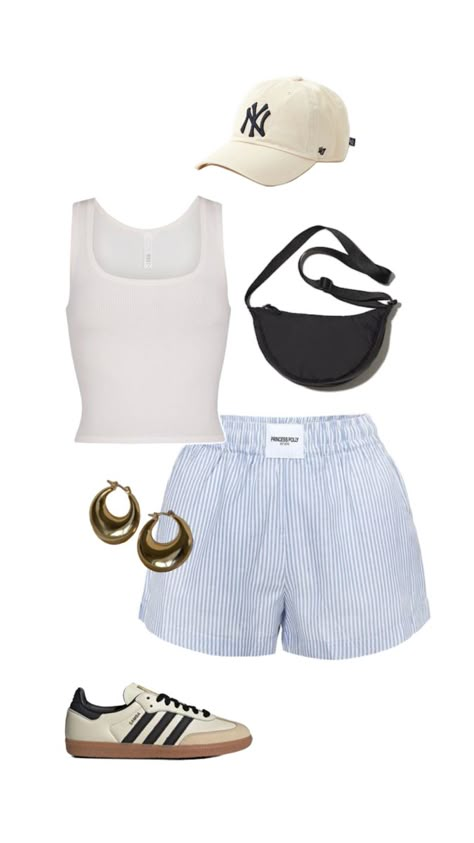 trending summer 2024 outfit blue striped boxer shorts white ribbed tank top chunky gold hoops ny new york yankees baseball hat adidas sambas White Ribbed Tank Top, Mlb Yankees, Adidas Sambas, New York Yankees Baseball, Yankees Baseball, Shorts Outfit, Ribbed Tank Top, Water Bottle With Straw, Shorts White