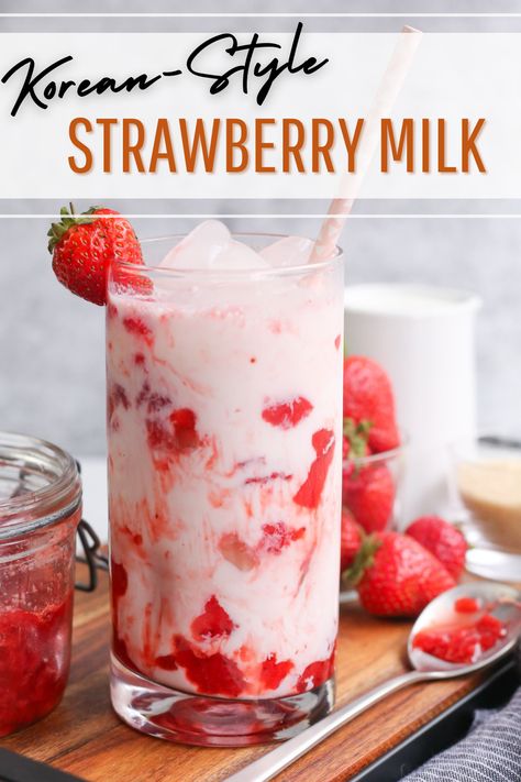 One sip of this easy 3-ingredient Korean Strawberry Milk recipe and you’ll start stocking whole milk in your fridge all the time! That is, if you aren’t already doing exactly that. It’s an easy way to enjoy the benefits of whole milk nutrition and add delicious flavor and color to your glass #strawberrymilk #koreanstrawberrymilk #summermilkrecipes #wholemilkrecipes Strawberry Oat Milk Recipe, Strawberry Condensed Milk Drink, Easy Apartment Dinners, Strawberry Recipes Drink, Iced Milk Drinks, Pink Milk Recipe, Strawberry Milk Recipe Korean, Fresh Strawberry Milk, Yummy Strawberry Drinks