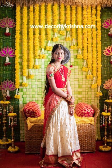 Half Saree Decoration, Saree Function Decoration, Decor By Krishna, Saree Ceremony, Indian Ceremony, Saree Function, Half Saree Function, Gate Decoration, Florist Wedding