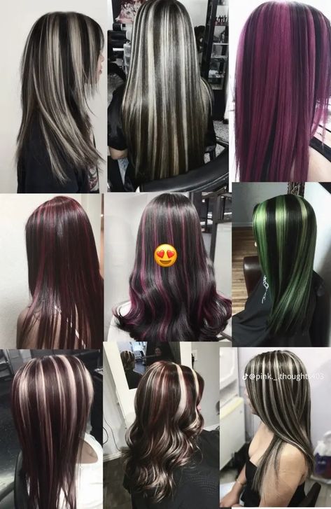 Y2k Hairstyles Color, Chunky Hair Dye, Hair Color Ideas For Dark Hair With Highlights, Colored Highlights Brown Hair, Bright Color Highlights In Brown Hair, Skunk Hair Wavy, Colors To Die Your Hair, Blonde Tips On Black Hair, Cool Hair Color Ideas For Brunettes