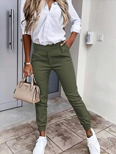 Ladies' Plain Simple Daily Wear Long Pants | SHEIN USA Womens Chinos, Cozy Coats, Solid Color Pants, Slim Trousers, Weave Style, Green Pants, Casual Work Outfits, Casual Work, Casual Girl