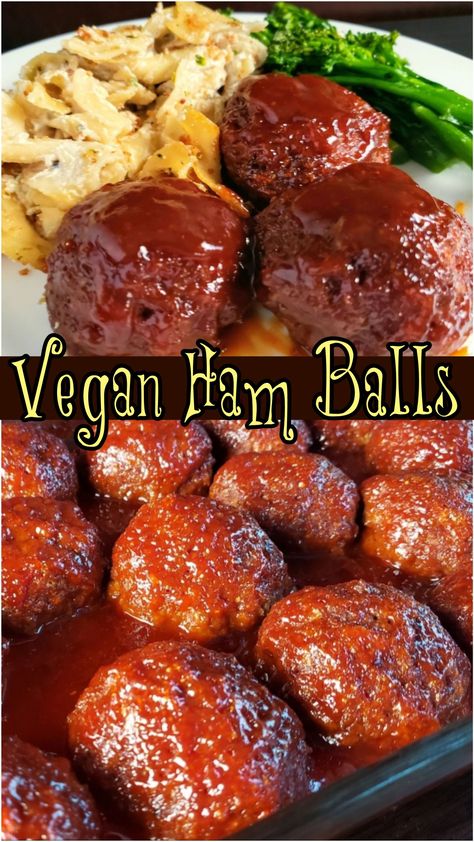 I recently heard about a favored dish from the upper Midwest called "Ham Balls." Once I investigated the recipe's ingredients to veganize, I chose to change the name to Harmless Balls. I made my own 'pork seasoning' (recipe included) but premade pork seasoning is vegan as it's just a blend of spices. Graham crackers sound crazy, but yes you need to use them. Nabisco Original Graham Crackers are accidentally vegan. I served these Harmless Balls with Vegan Noodles Romanoff Bacon And Sausage Recipes, Vegetarian Ham, Vegan Balls, Vegan Meatballs Recipe, Vegan Ham, Plant Based Meat, Ham Balls, Veggie Meat, Vegan Meat Recipe