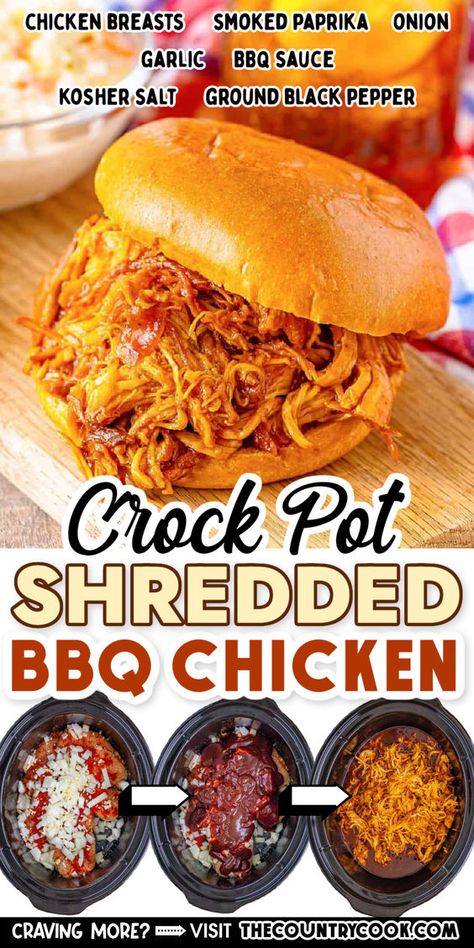 Tender, juicy, and packed with smoky, sweet flavors, Crock Pot BBQ Chicken is the perfect meal to satisfy your cravings without spending hours in the kitchen! Easy Pulled Bbq Chicken Crock Pot, Slow Cooker Bbq Chicken Sandwiches, Crock Pot Shredded Bbq Chicken, Best Pulled Chicken Crock Pot Recipes, Bbq Chicken Sandwich Crockpot, Crock Pot Barbeque Chicken, Bbq Shredded Chicken Crockpot, Pulled Bbq Chicken Crock Pot, Barbeque Chicken Crockpot