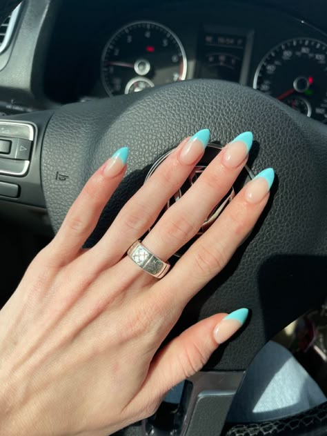 French Teal Tip Nails, Almond Nails Teal French Tip, Nails For Trip To France, Blue Tip Dip Nails, Tiffany French Nails, Gray Blue French Tip Nails, Tiffany Blue Nails French Tips, Aqua Blue Almond Nails, Mint Blue French Tip Nails