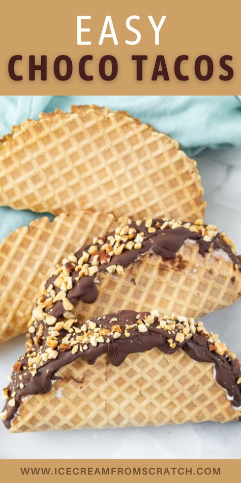 Choco Tacos Homemade, Ice Cream Candy Cake, Ice Cream Taco Recipes, Ice Cream Cone Dessert Ideas, Ice Cream Nachos Dessert, Ice Cream Tacos How To Make, Creative Ice Cream Ideas, Taco Tuesday Dessert Ideas, Mexican Ice Cream Dessert